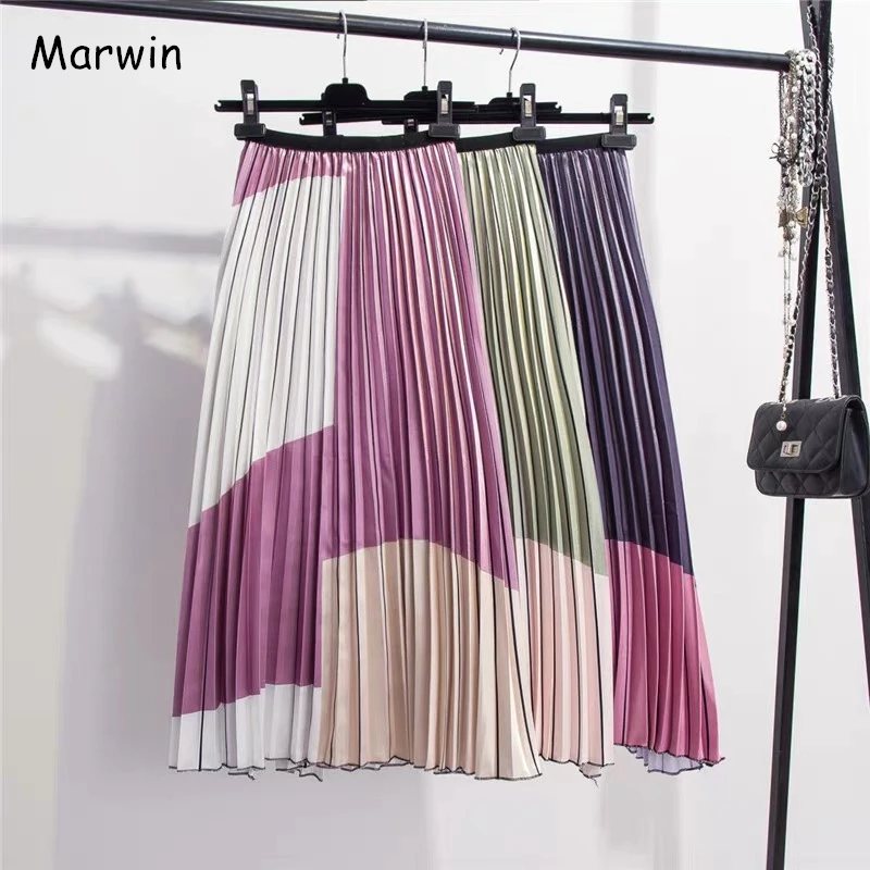 

Marwin New-Coming Summer Contrast Color Splice Skirt Women Skirts High Street Style A-line Mid-Calf Fashion Skirts Pleated Skirt