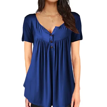 

Womens Tops and Blouses Solid Color Button V-neck Blouse Short Sleeve Blouse Tunic Shirt Jumper Plus Size Top Blusas Femininas