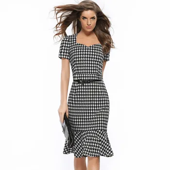 

BacklakeGirls Stylish Office Dress Women Plaid Mermaid Black White Slim Ruffles Summer Ladies Work Sexy Bodycon Dresses Vestidos
