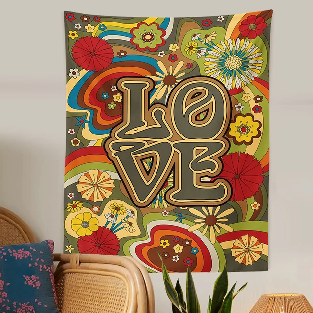 Szerelem És Virágok Fali Függő Kárpit Retro 70 -Es Évek 60 -As Pszichedelikus Hippi Virágművészet Háttér Hálószoba Kollégiumi Szoba Fal Dekoráció - Image 4