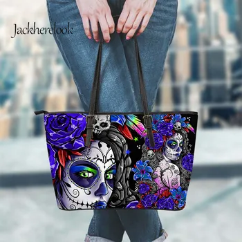 

Jackherelook Fashionable PU Leather Bag Skull Gothic Pattern Shoulder Bag Purple Tops Large Capacity Zipper Clutch Storage Bolso