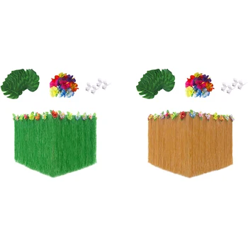 

41PCS Party Decorations with 275CM Hawaiian Luau Grass Table Skirt Tropical Palm Leaves Tropical Flowers