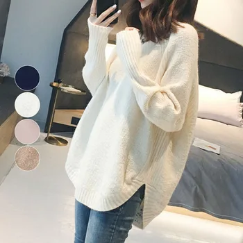

Women Casual Loose Sweater Solid Color V-neck Split Fashion Japanese Style Knitted Pullover Sweaters Autumn Winter 2020 Tops