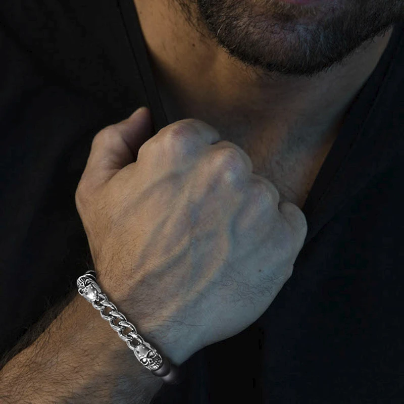 Мужской браслет 10 мм черный сердолик бусины с цепочкой Череп Железный крест браслеты из эластичной ленты разные стили