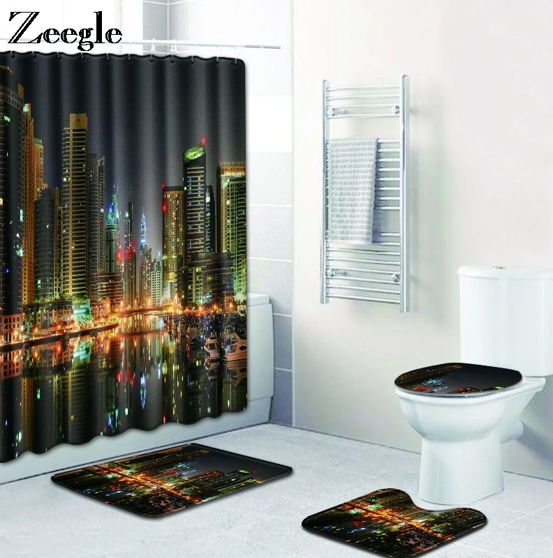 Zeegle Print Bath Mat Set with Curtain Lid Toilet Cover Mat Bath Mat Pad Set Bathroom Curtain with 12 Hooks Bathroom Accessories