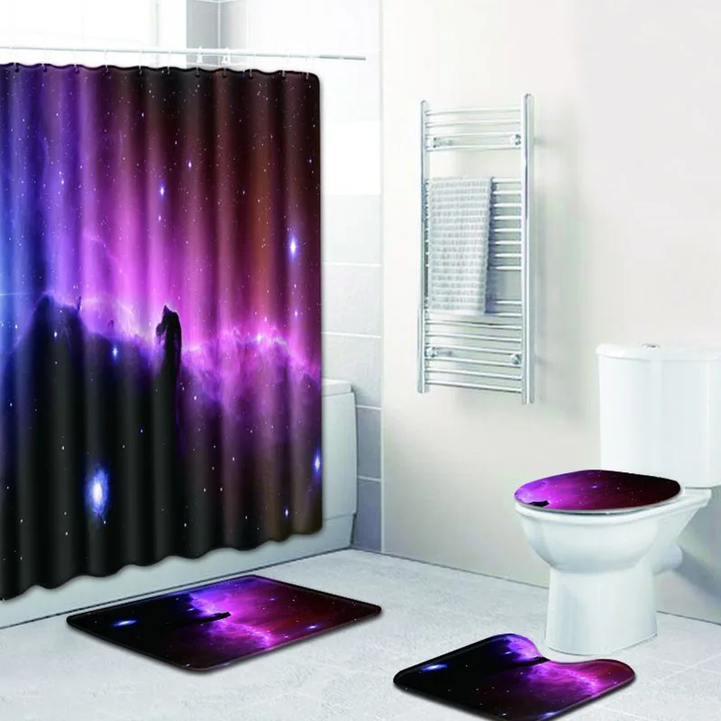 

4pcs/set Starry sky 3D Print Shower Curtain Polyester Fabric Bath Curtain Waterproof Modern Toilet Seat Cover Pad Carpet Home