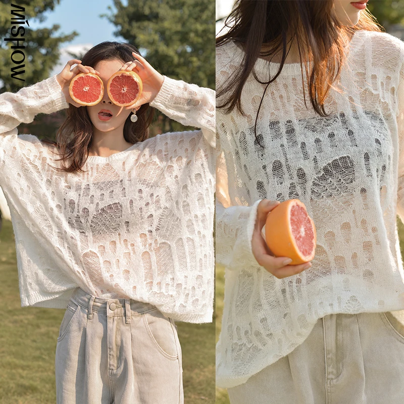 Женский однотонный пуловер MISHOW белый Повседневный свитер с вырезами Элегантная