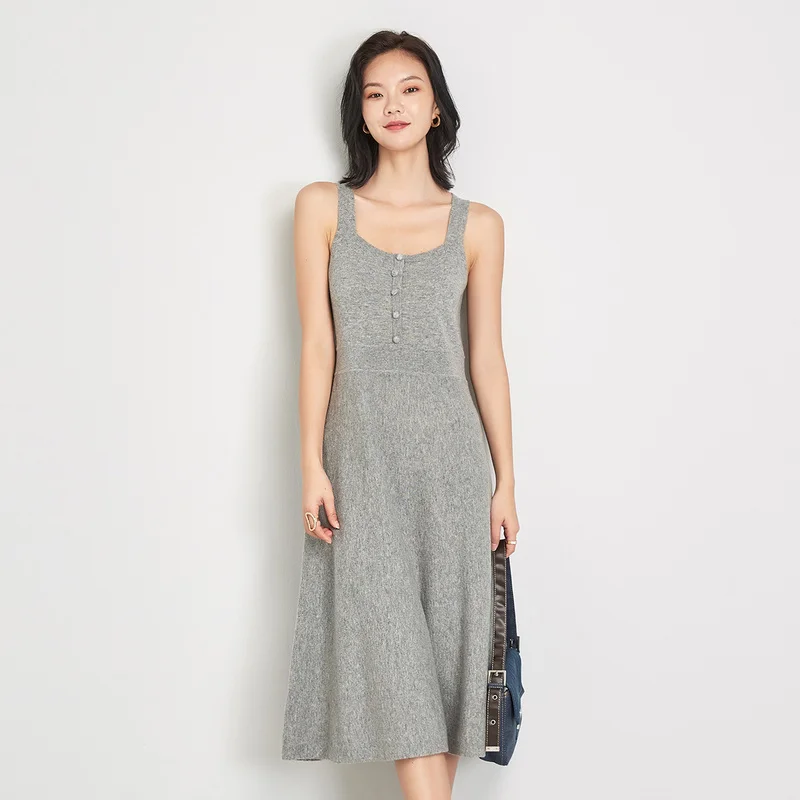 

Jinju 2020 autumn and winter new sweater pure color 100% wool sling dress feminine long knitted dress women