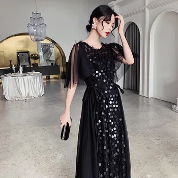 

Bling Sequins Qipao Female Butterfly Sleeve Formal Party Mesh Gown Sexy Perspective Cheongsam Noble Long Slim Chinese Dress