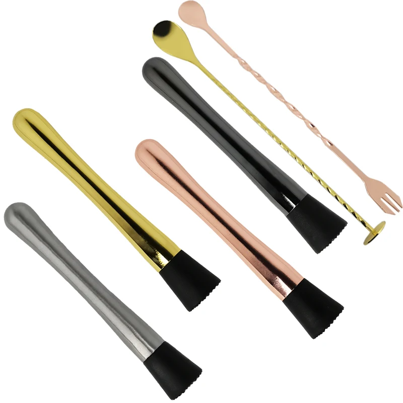 Stainless Steel Rose Gold Black Sliver Muddler Sticks Spoon Srtainer Ice Cocktail Stick Fruit Bar Tools Wine Tools