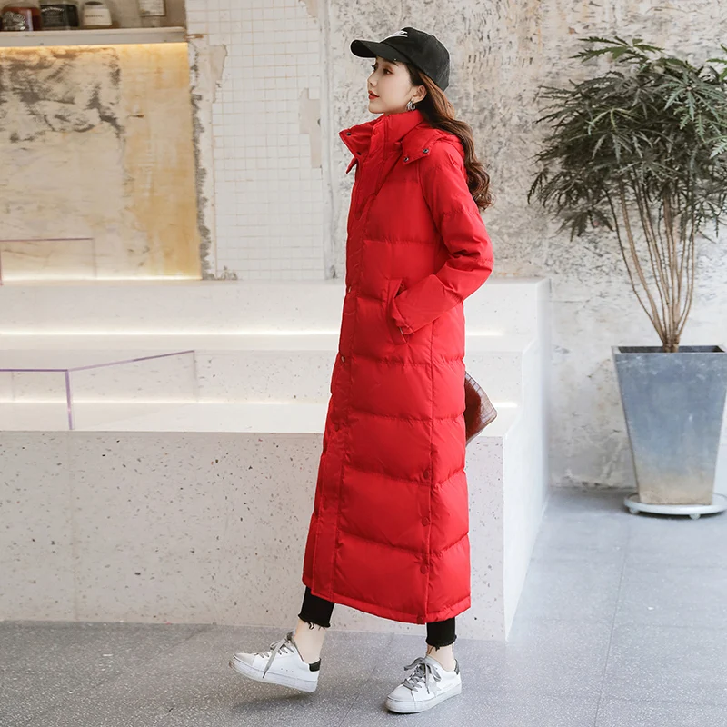 Длинная зимняя куртка-пуховик для женщин с капюшоном, пальто корейский облегающий женский пуховик, парки Doudoune Femme Hiver KJ3270
