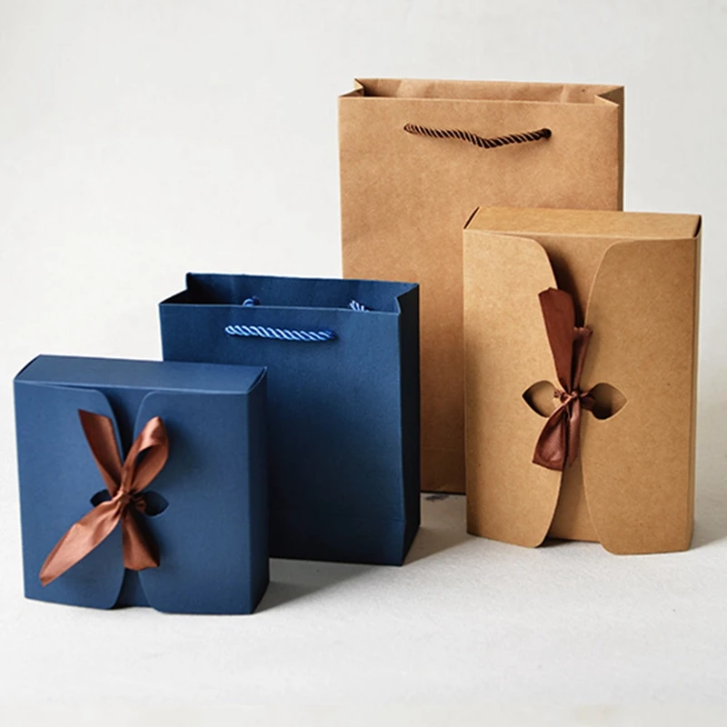 Крафт бумажная коробка с лентой и бумажным мешком сделай сам Свадебный день