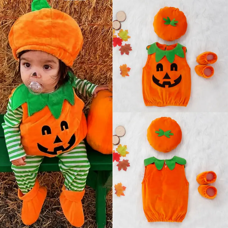 2019 Newest Hot Cosplay Halloween Baby Kid Boys Girls Pumpkin Suit Top Sleeveless Blouse Dress+Hat+Shoes Costumes 3PCS