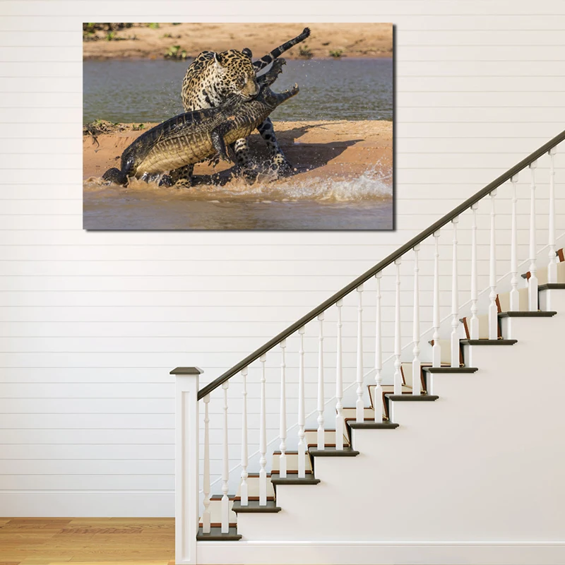 

Cheetah Attacks Crocodile Wild Animal Wall Art Canvas Poster And Print Canvas Painting Oil Decorative Picture Bedroom Home Decor