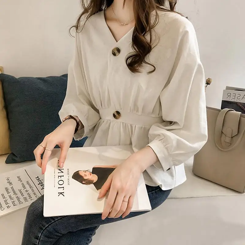 

Women's Spring Summer Style Blouses Shirt Women's Elegant Solid Color Button Long Sleeve Temperament Korean Slim Tops DD8583