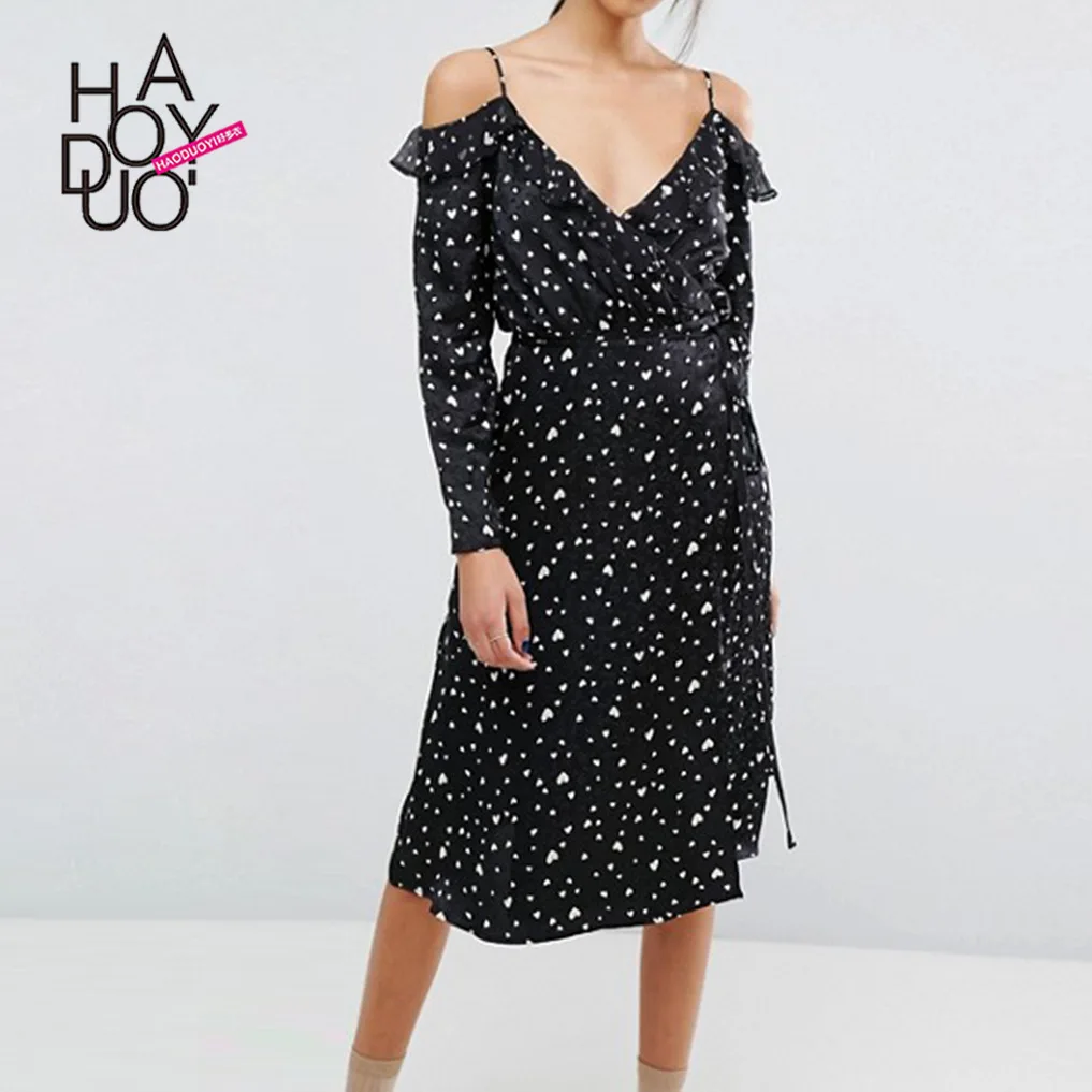 

Haoduoyi Heat-Europe And America Fashion Sexy off-Shoulder Fine Camisole Heart Printed Flounced Lace-up Dress