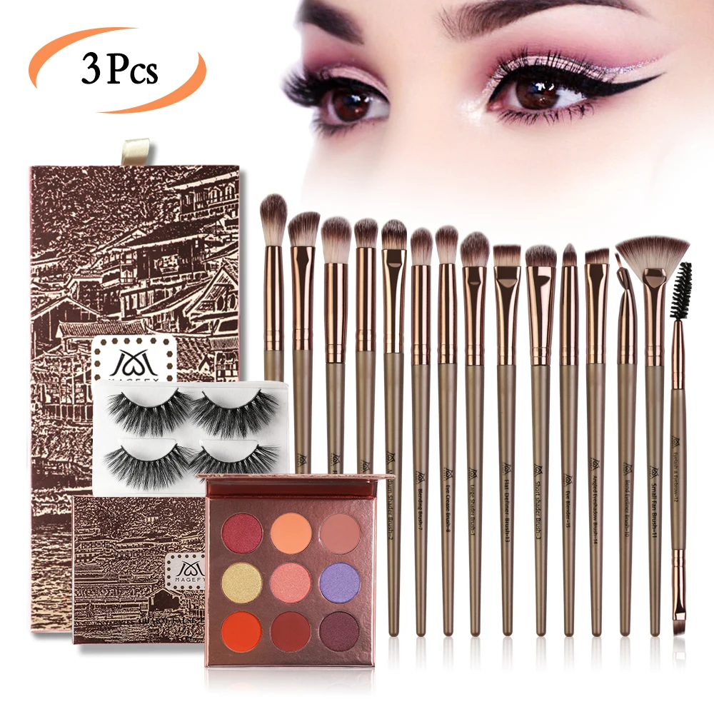

Fashion Makeup set Nude& Glitter 9 colors Eyeshadow 2 Pairs Fake eyelashes Extension 15 pcs Multifuntion Makeup Brush Makeup Kit