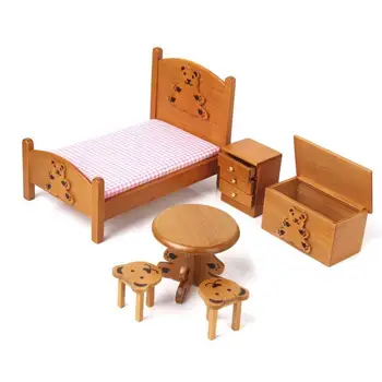 

1/12 Doll House Miniature Furniture Wooden Bedroom For Kids Wood Color