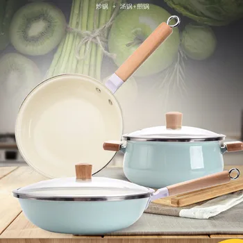 

Japanese pan set with enamel enamel pan three-piece wok soup pan frying pan non-stick kitchen pot With Pot Cover Eco-Friendly