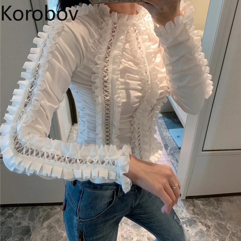 Korobov 2020spring Summer New Women Blouses Korean Ruffles Hollow Out Long Sleeve Mujer Blusas O Neck Shirts 79580 | Женская одежда
