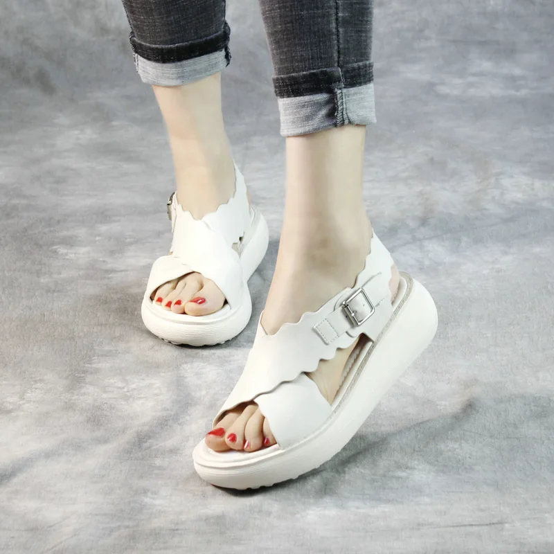 Women Sandals Leather White Casual Summer Shoes For Women High Heels Wedge Shoes Women Genuine Leather Sandals Beach Black2020