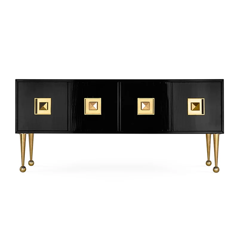 

TT Light Luxury Living Room Simple Small Apartment High-Leg TV Cabinet Black Bright Paint Stainless Steel Mirror Golden Feet