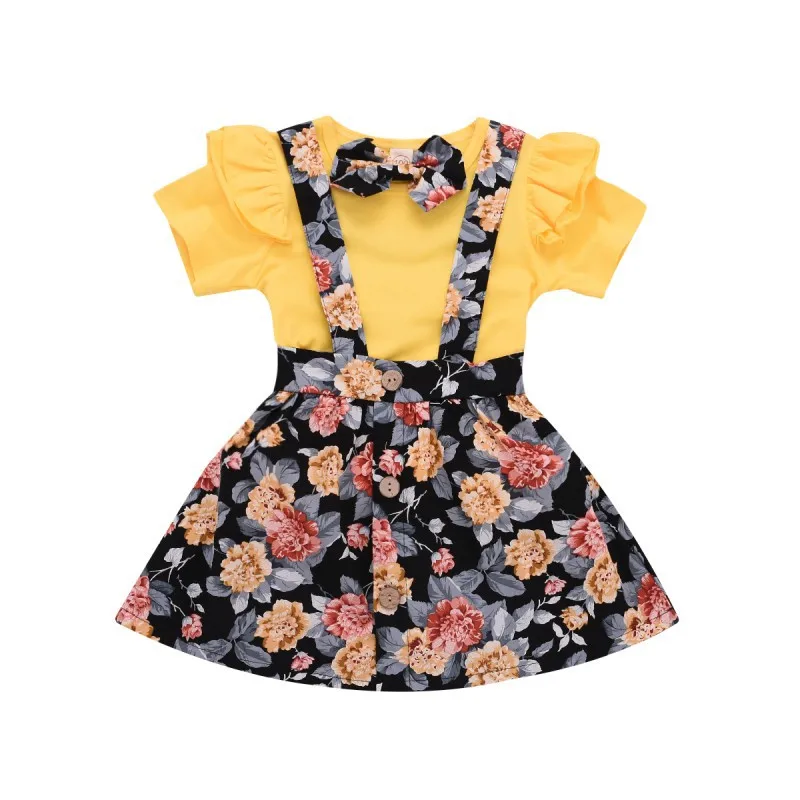 

3PCS/SET Children Summer Flower Printed Ruffles Short Sleeve Round Collar Casual Tops+Bib Dress+Headband Princess Clothes