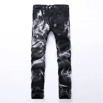 

Fashion Men's Wolf Printed Jeans Men Slim Straight Black Stretch Hiphop Jeans High Quality Designer Pants Nightclub Plus Size 42