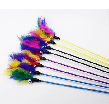 

1PC Pet Cat Turkey Feather Wand Teaser Cat kitten Toy Teaser Interactive Stick Toy With Bell Cat Training Tools Color Random