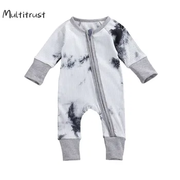 

2020 Autumn Winter Toddler Newborn Kids Girls Boy Long Sleeve Tie Dyeing Print Zipper Ribbed Knitted Romper Jumpsuits Clothes