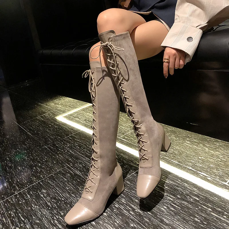 FEDONAS Women Cross Tied Knee High Boots Winter Newest Sexy Long Boots Night Club Shoes Woman Genuine Leather Warm Flock Boots