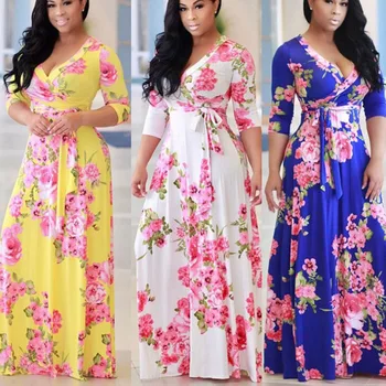 

Fashion ladies dress V-neck print plus size dress elegant sexy beach vacation party performance long female clothing new