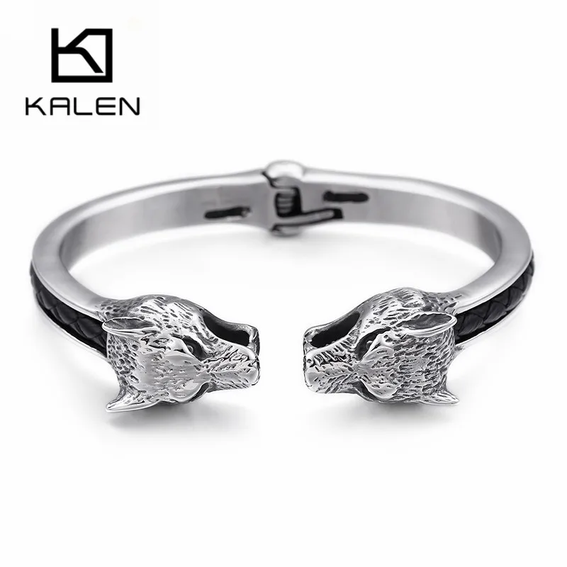 Браслет-манжета мужской KALEN Rock Animal Викинг-волк из нержавеющей стали и натуральной