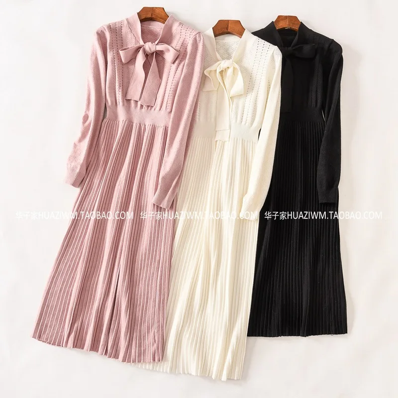 

One-Piece High-Waist Lace-up Bow Jersey Dress Pleated Long Skirts Base Sweater Dress Children Entity