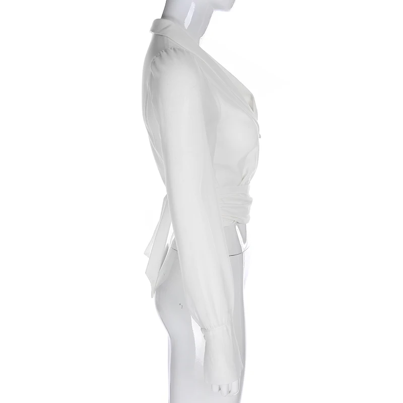 Глубокий v-образный вырез женские блузки с лентами Пряжка длинный рукав отложной воротник рубашка Мода Iamhotty Повседневная