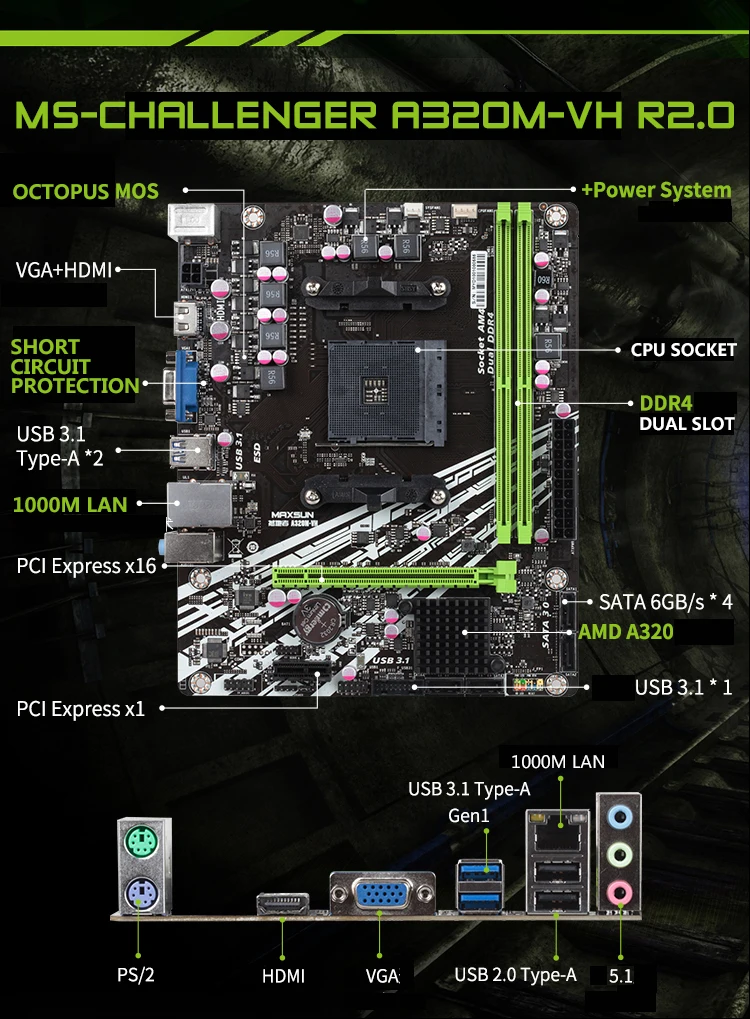 Оригинальный maxsun MS-Earthshaker A320M-VH AMD Материнская плата mATX двухканальный DDR4 Gigabit LAN 4 x SATAIII USB3.1 VGA HDMI