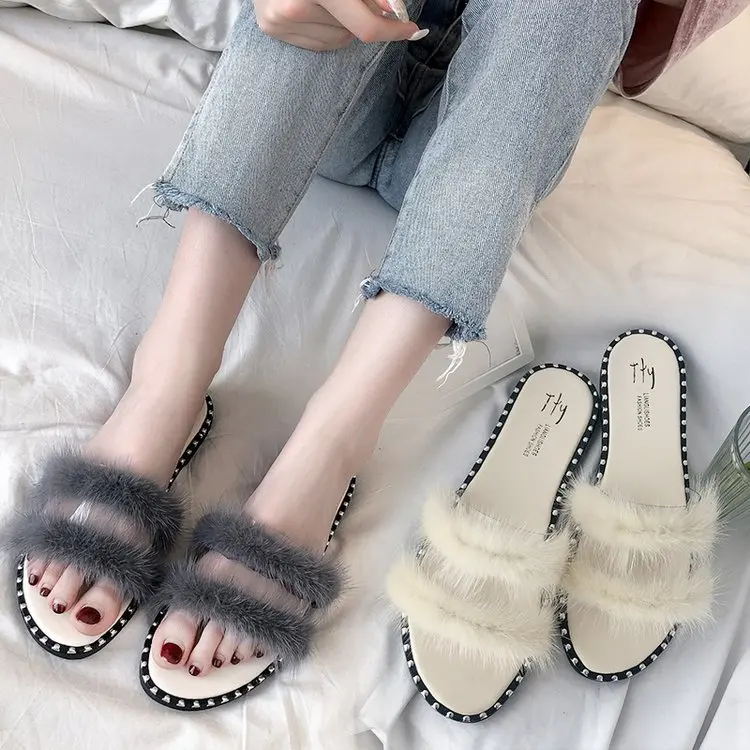 

Outer Wear Online Celebrity 2019 Spring New Style Korean-style Versatile Beach Flat Heel Furry Cool Women's Line-styled Rubber F