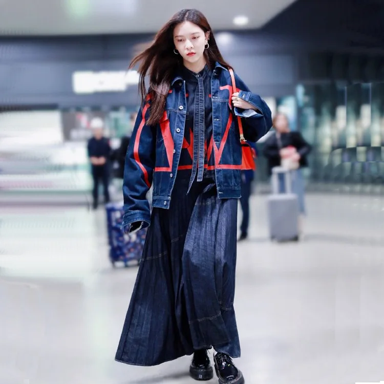 

Autumn And Winter Model What Spike Star song yan Fei Guo Biting Celebrity Style Printed Cowboy Dress WOMEN'S Suit