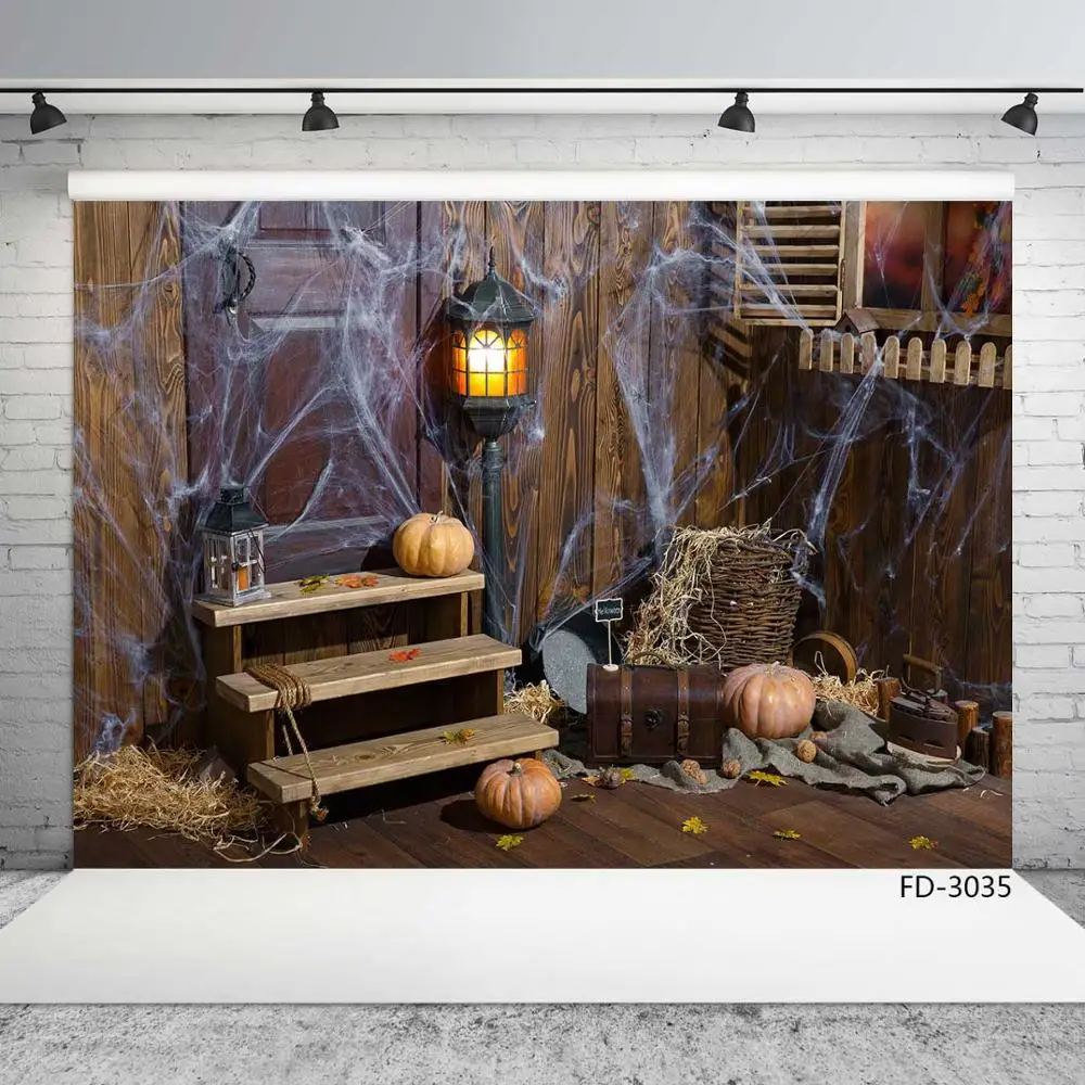 

Halloween Pumpkin Lamp Bag Spider Web Photography Backdrop Vinyl Background Photo Studio for Children Baby Shower Photoshoot