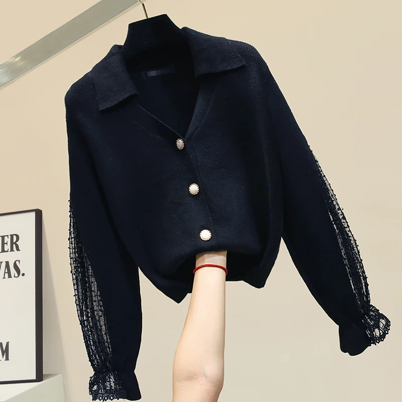 #Special Offers Autumn Winter Lapel Thick Knitted Cardigan Sweater Female Knit Coat Fashion Lace Sleeve Cardigans Jacket Womens Basic Sweaters