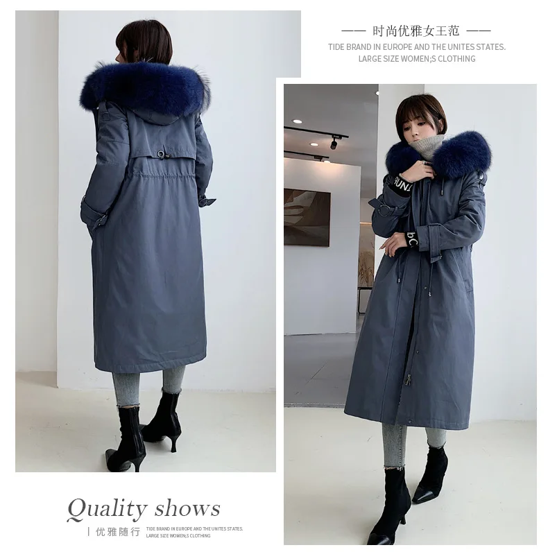 New Arrival Modern Rex Rabbit Liner Fox Fur Collar Coat Korean Edition Warm Thickening Long Section Outwear Winter Woman Coat