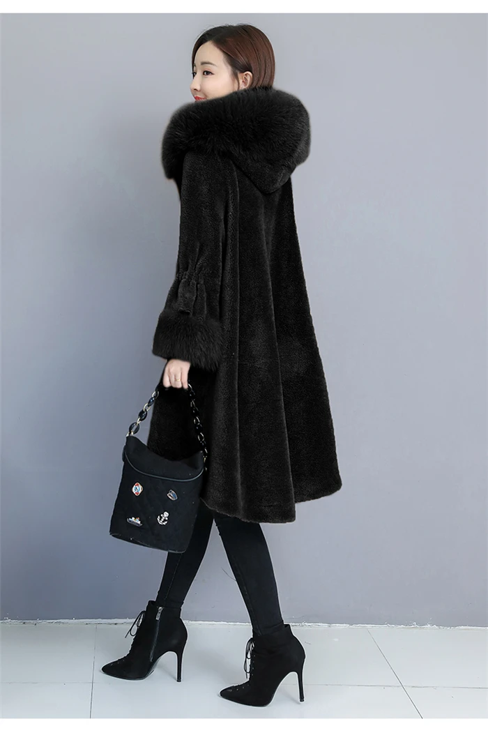 HANZANGL зимнее шерстяное пальто женское пальто из искусственного меха 9/10 рукав лисий мех с капюшоном теплая кашемировая куртка пальто плюс размер S-3XL