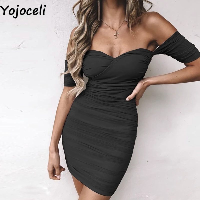 Yojoceli, сексуальное облегающее элегантное короткое платье, женское летнее Повседневное платье с открытыми плечами, Клубное пляжное Повседневное платье для женщин