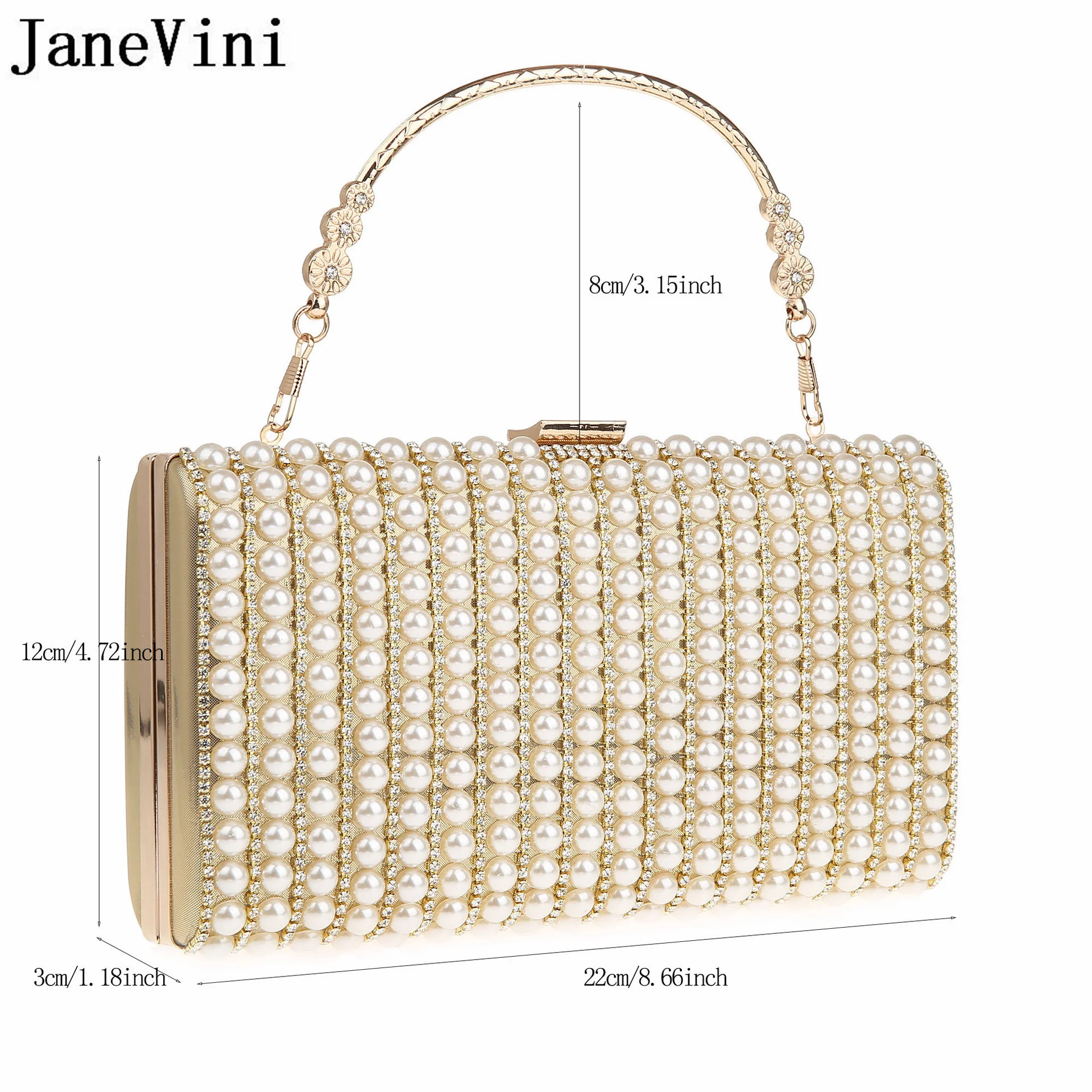 JaneVini Luxury Crystal Pearls Clutch Bag Women Wedding Handbags Crossbody Chain Messenger Bag Gold Evening Party Square Bag