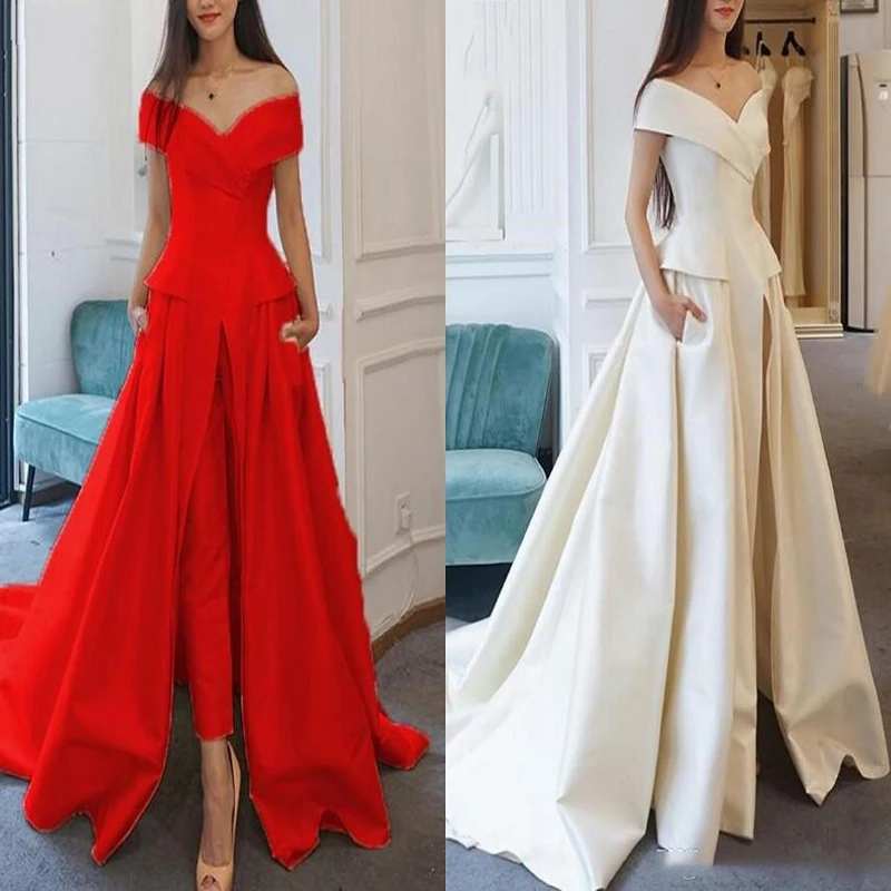 Abiti da sposa tuta rossa modesti con strascico treno Sexy raso Boho estate  donna abiti da sposa 2020 Trouwjurk Robe De Mariée|Wedding Dresses| -  AliExpress