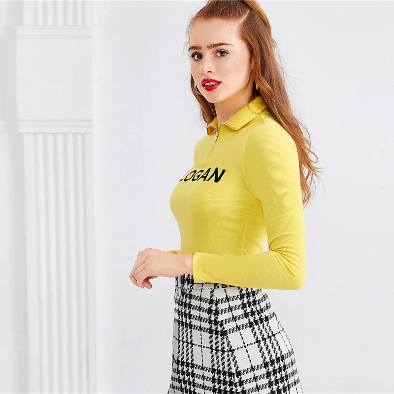 SHEIN x Madelaine трикотажная футболка на молнии спереди в рубчик с буквенным принтом, женские топы, осенняя одежда для активного отдыха, футболки