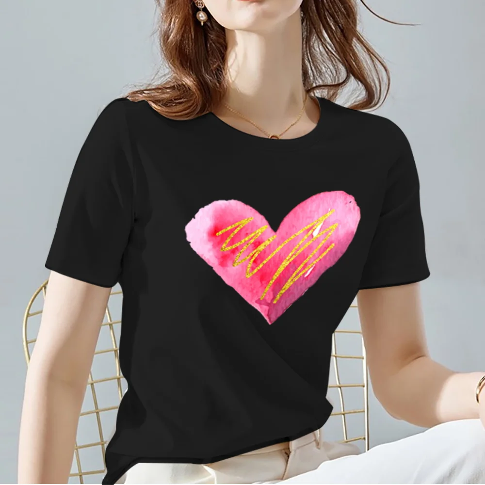 Women Tops Tee Black All-match Casual Ladies T-Shirts O Neck Love Heart Pattern Print Commuter Short Sleeve Women's Clothing friends t shirt