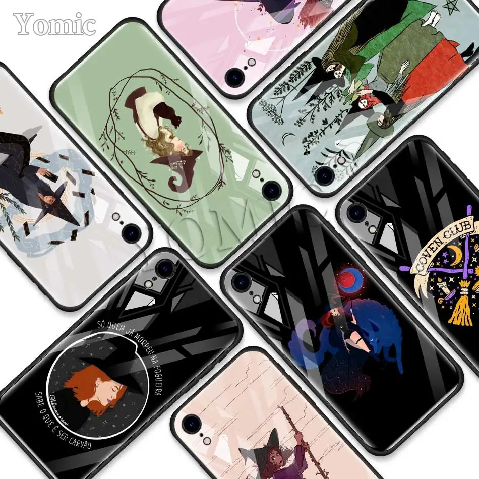 

Girly Pastel Witch Goth Tempered Glass Case for Apple iPhone XR 7 8 6 6S Plus X XS MAX Soft Edge Mobile Phone Bag Cover Shell