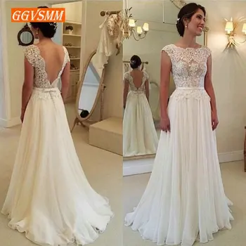 

Fashion Boho White Wedding Dresses Long 2020 Chiffon A Line Ivory Wedding Gowns Backless Lace Cheap Princess Beach Bridal Dress