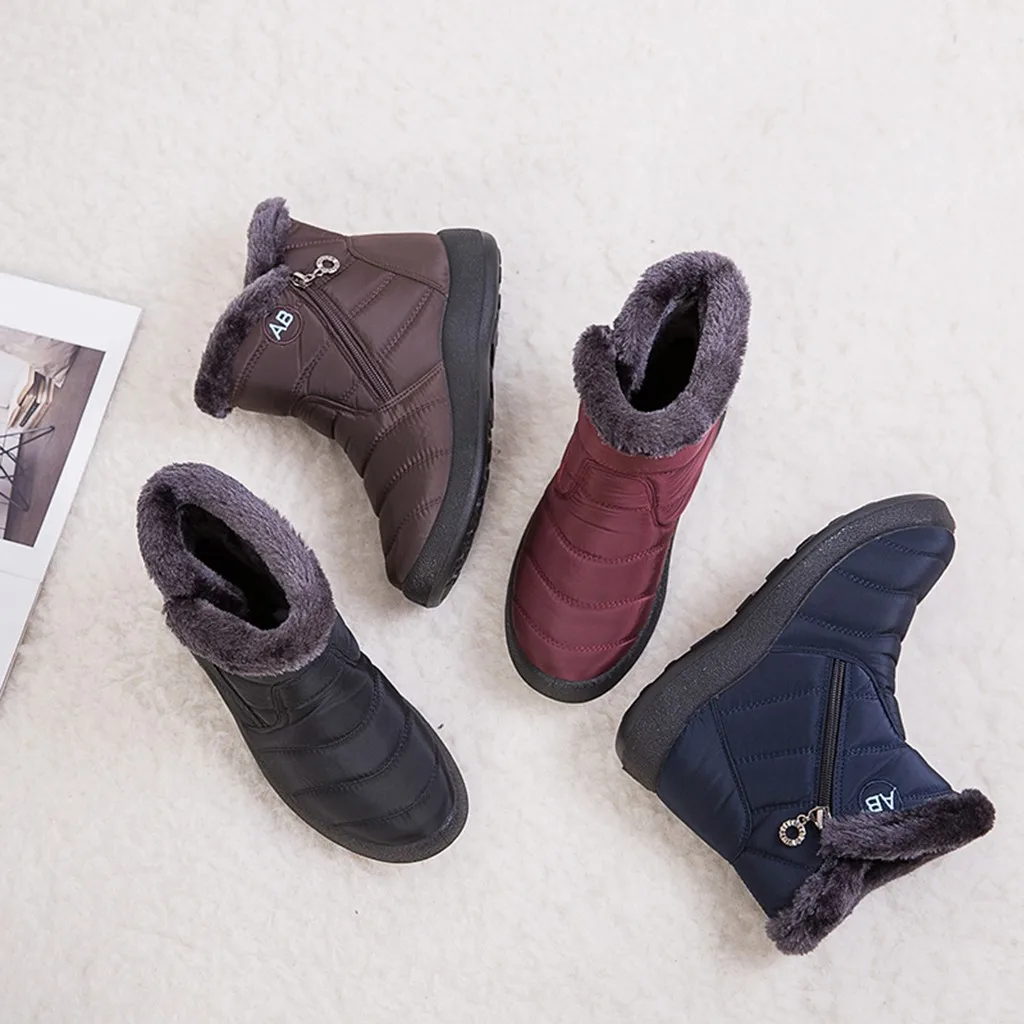 Женские зимние ботинки с плюшевой стелькой; зимние короткие ботильоны; водонепроницаемая обувь; Теплая обувь; женские ботинки на плоской подошве с круглым носком